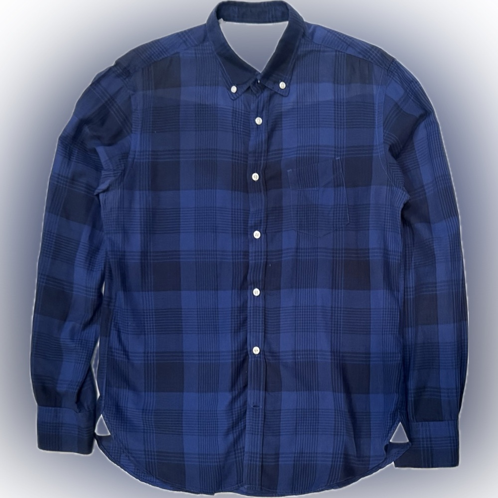 OFFICINE GENERALE BUTTON DOWN JAPANESE POPLIN SHIRT BLUE & BLACK PLAID MEDIUM - Picture 2 of 8